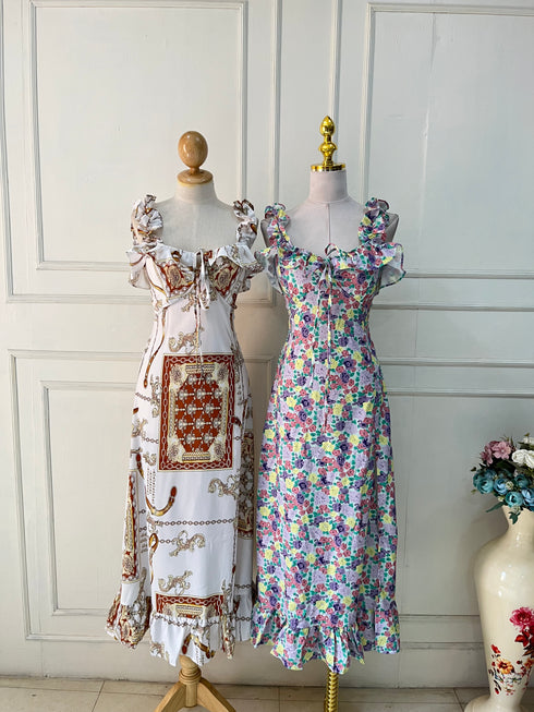 Spring Floral Ruffle Straps Side Slit Dresses